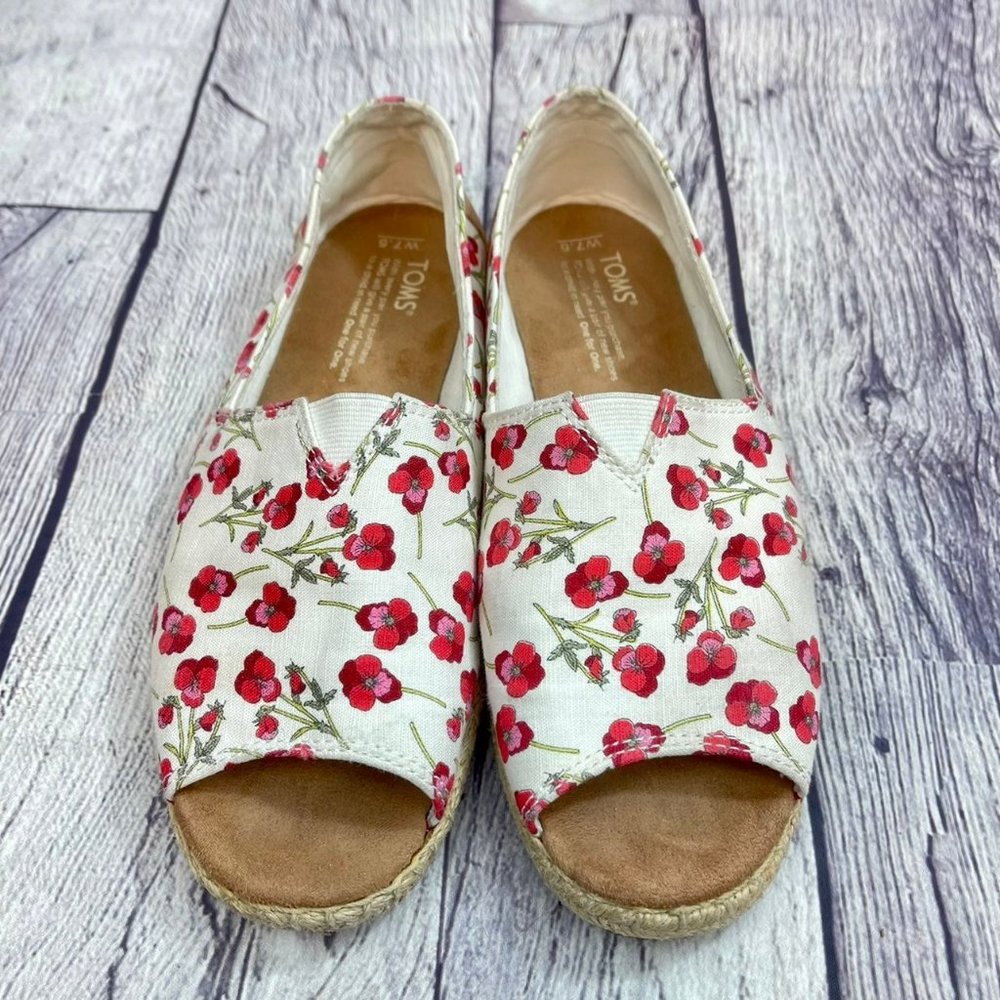 TOMS Espadrilles Red Pansy Floral Print Women's Size 7.5 Slip On Open Toe Sandal - Picture 8 of 12